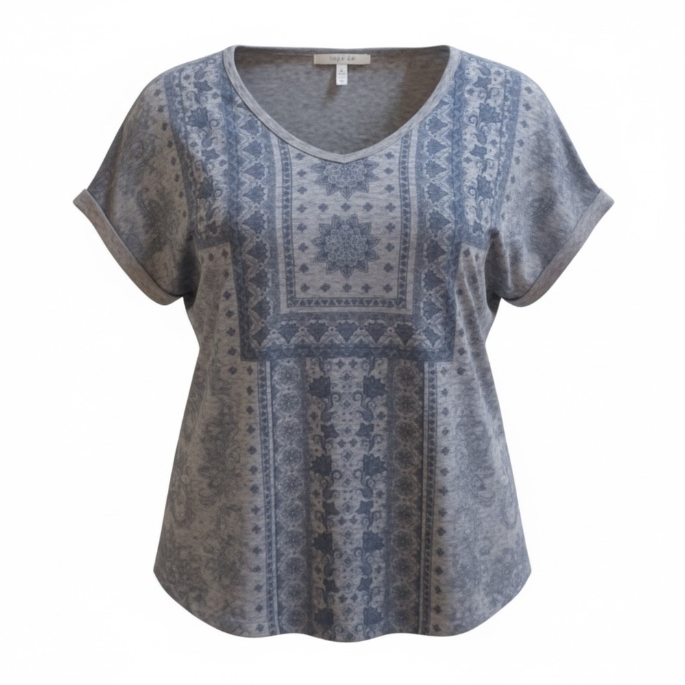 Style & Co. Blue and Gray Patterned Short Sleeve Top Size L